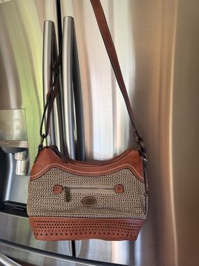 NEW b.o.c. Tan Woven Shoulder Bag with Brown Leather Trim